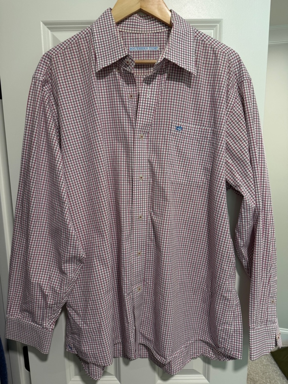 Southern Tide Men's Red and White Check Button-Down Shirt